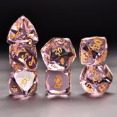 Faceted Pink Glass Dice Set – Handcrafted K9 Crystal RPG Dice with Golden Engravings for Dungeons & Dragons & Collectors